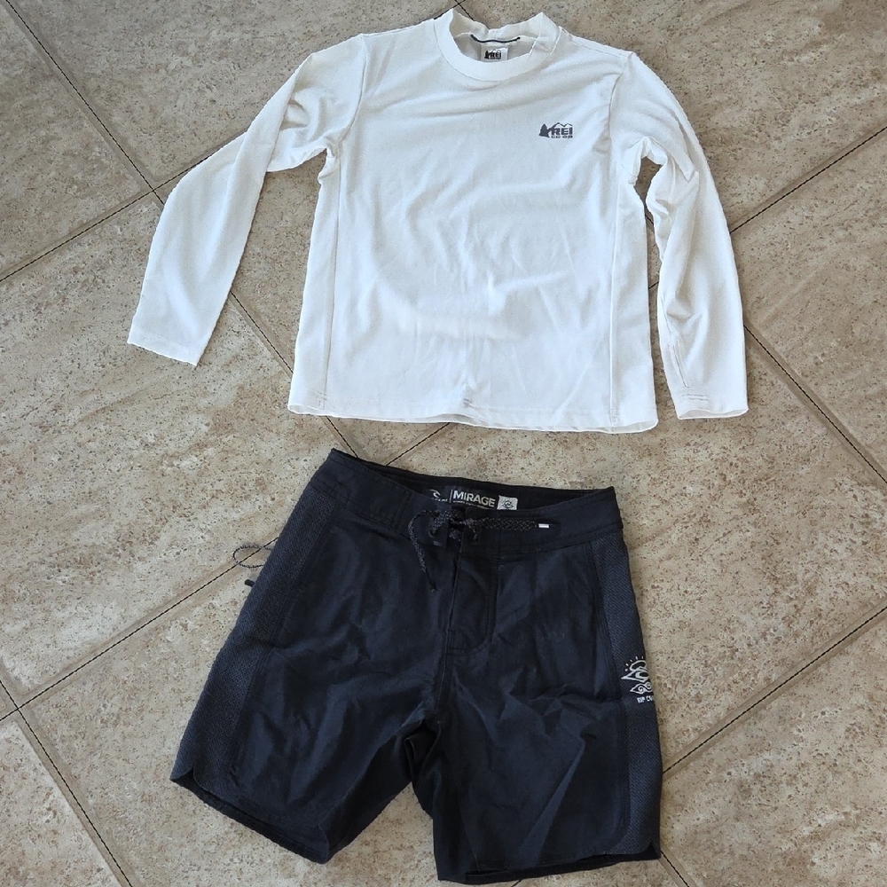 Kids White Long Sleeve Rash Guard and Black Board Shorts